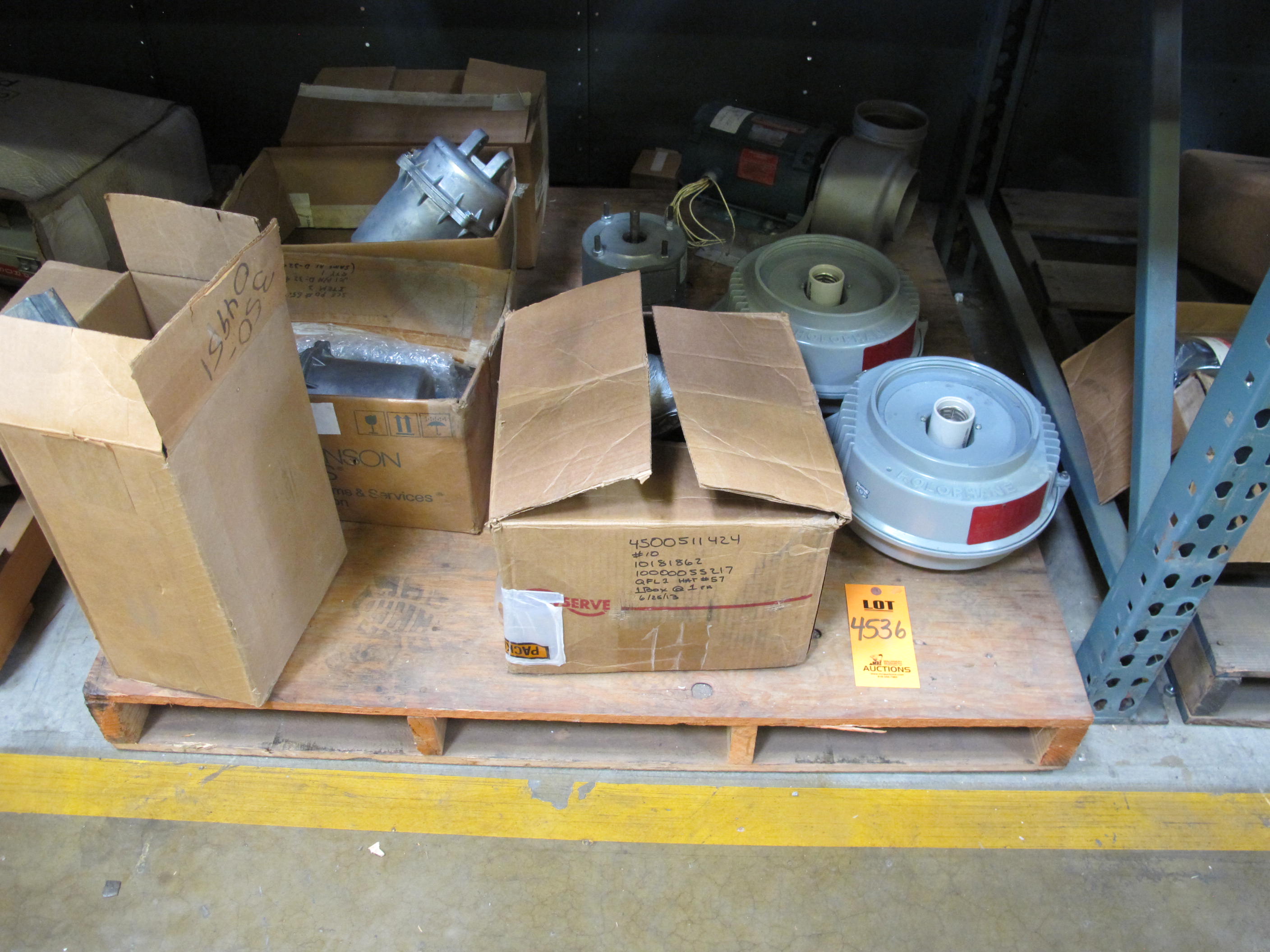 LOT TO INCLUDE PROSSER, JOHNSON CONTROLS, FLOWSERVE: (3) ACTUATOR, 25 PSI MAX RATING, PNEUMATIC KIND. PISTON FOR AIR CONDITIONING, (1) FLOWSERVE MOTOR, 125 VDC, 1900 RPM, NUC,120V, HTR, SMB-000, (1) STERNS SPRING SET DISK BRAKE, HORIZONTAL MOUNTING MOTOR, MODEL#1-055-716-05-XG, 95V, (2) HOLOPHANE LIGHTING FIXTURES, (1) RELIANCE, DUTYMASTER, AC MOTOR, MODEL#P56J2801M-WX. LOADING & HANDLING FEE $15-4536